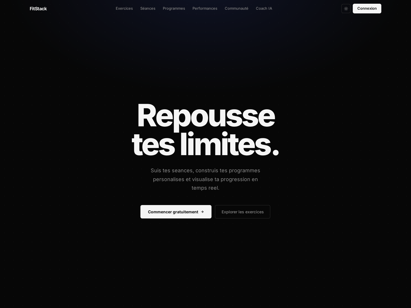 Capture d'écran de FitStack, application d'entraînement : page d'accueil